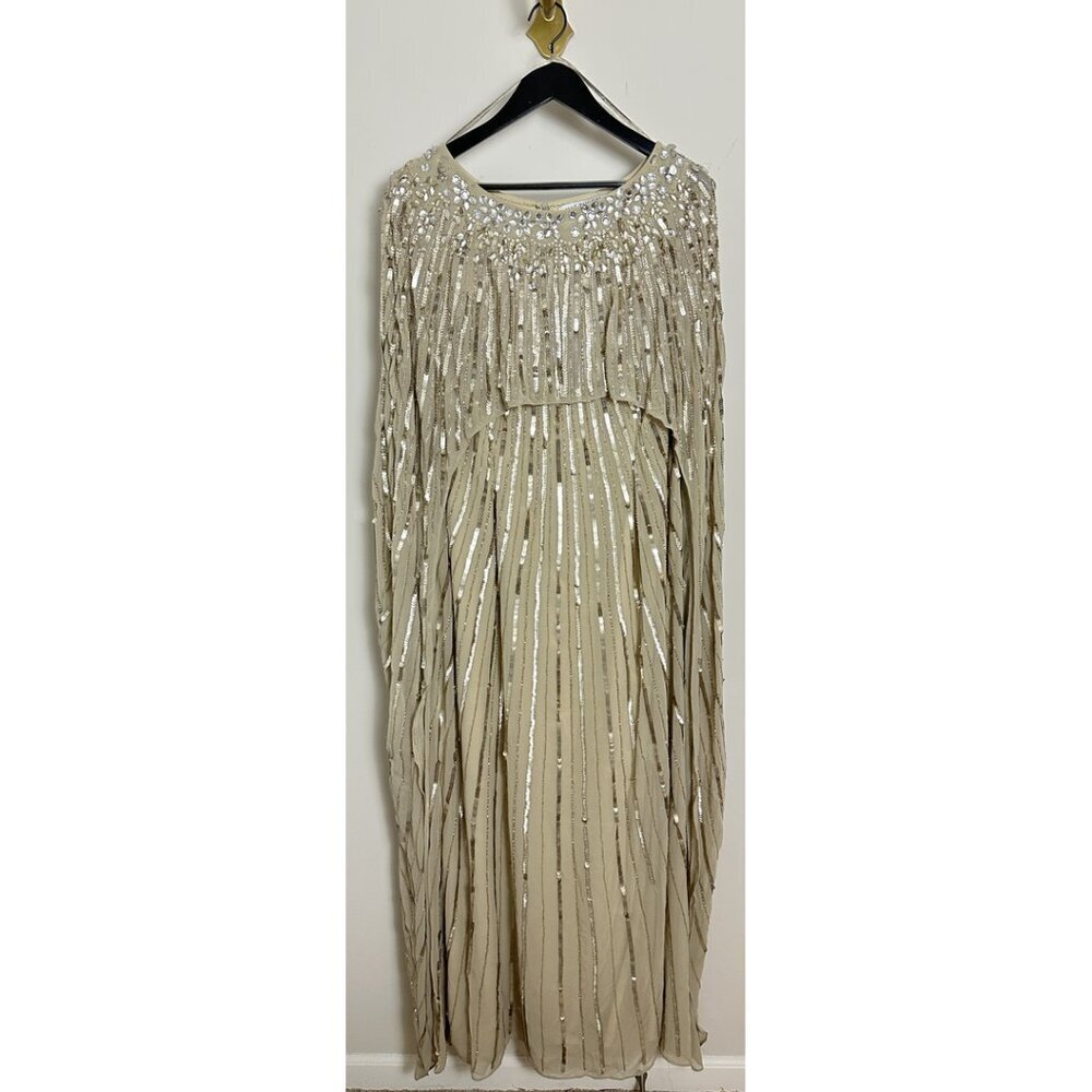 MAC DUGGAL Embellished Beaded Column Cape Gown in Champagne Size US 16 - Picture 4 of 14